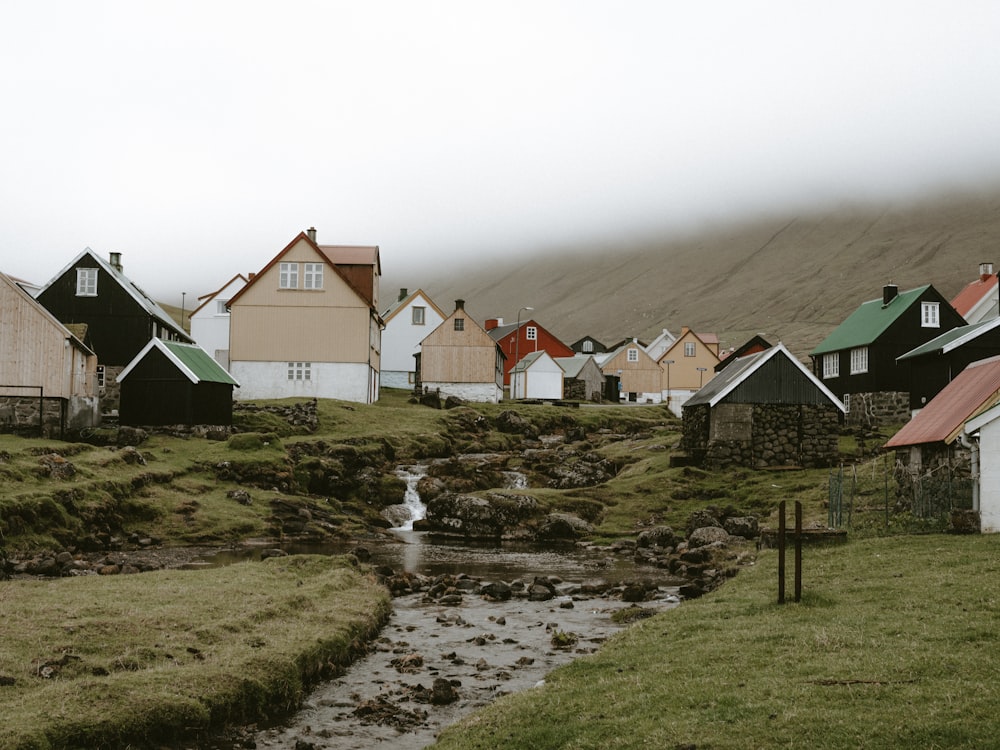 assorted-color wooden houses near green field showing flowing lake