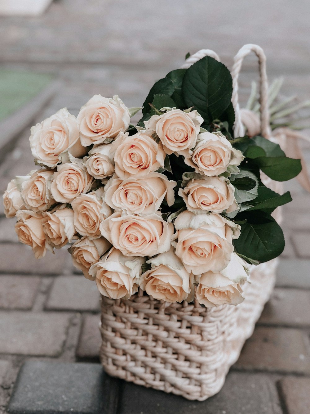 pink rose flowers on white woven basket