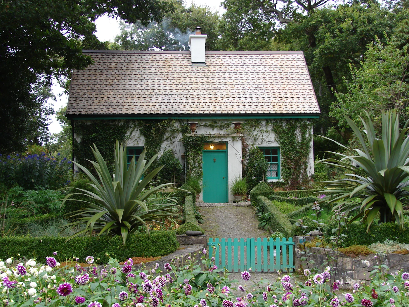 Small single-story cottage surrounded by trees