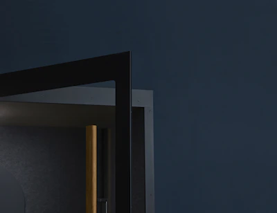 Close-up of monochrome design elements with navy blue highlights.
