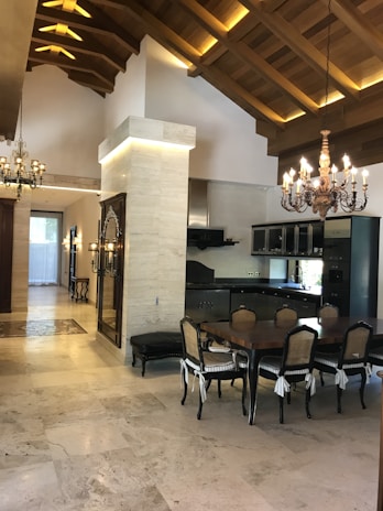 An inviting dining area with a beautiful table and chairs.