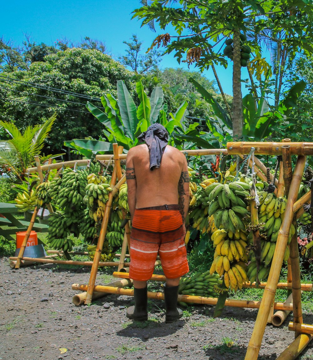 man wearing orange shorts in front of bananas