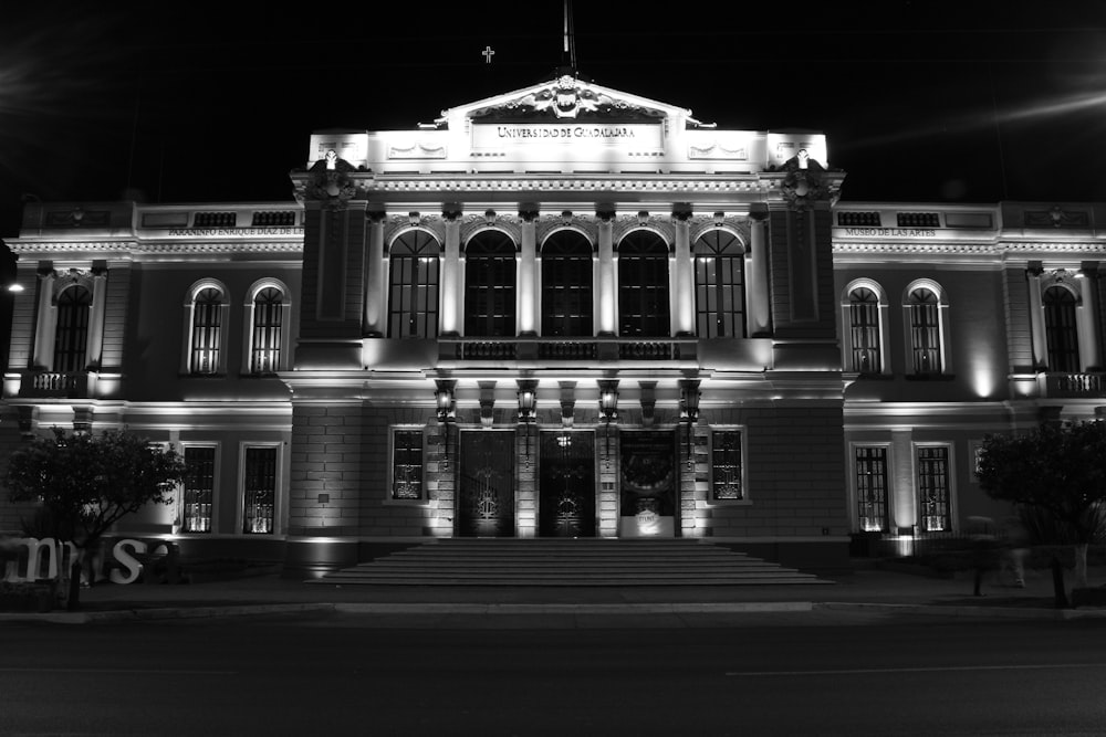 grayscale photography of building