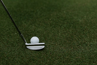 black and gray golf club beside golf ball on green grass field