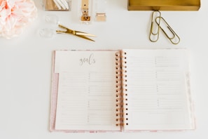 scissors and two paper clips beside opened spiral notebook