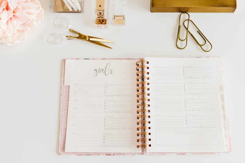 scissors and two paper clips beside opened spiral notebook