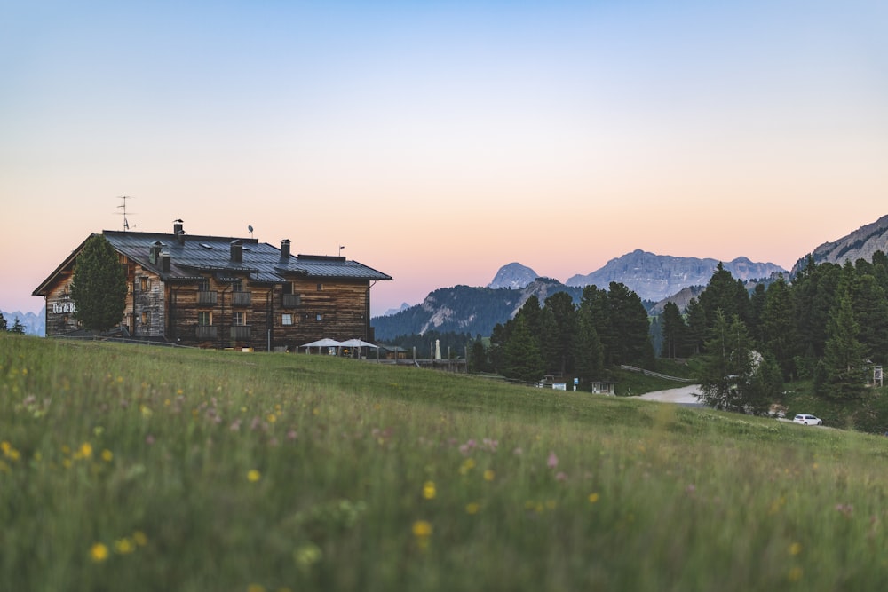 Maison en bois brun au milieu de champs herbeux