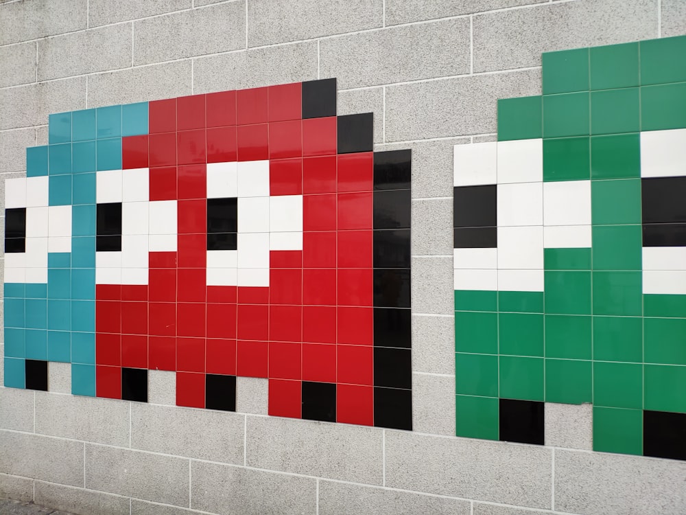 blue, red, and green Pac-Man wall painting