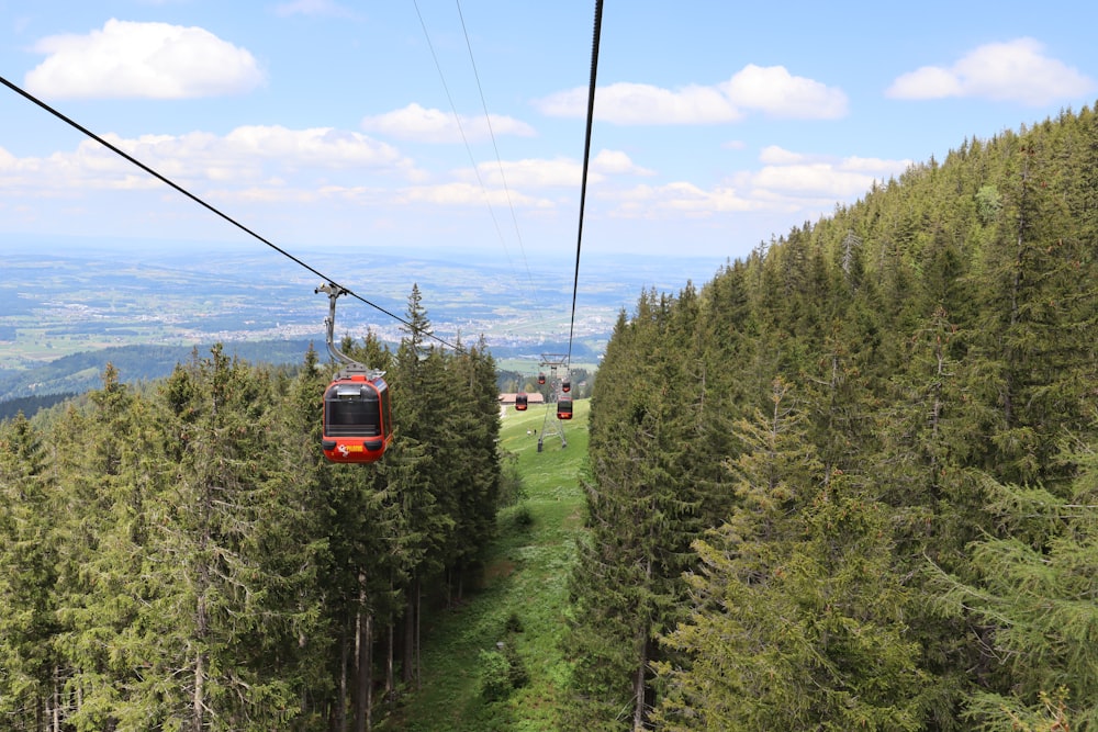 high-angle photography of red cable car