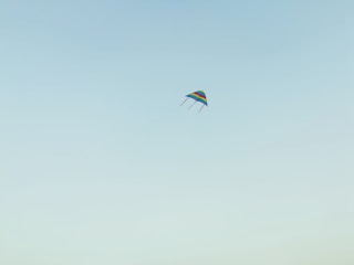Colorful kite flying high against a clear blue sky during Sankranthi Savari.