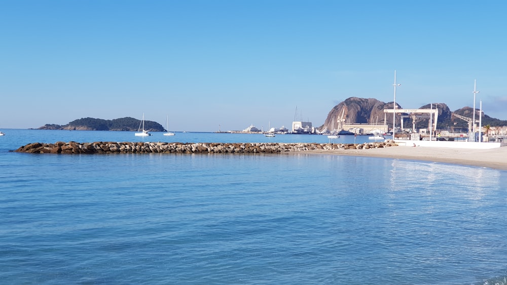 blue beach under clear blue sky