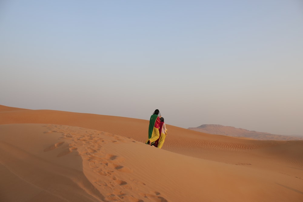 two persons walking at the desert