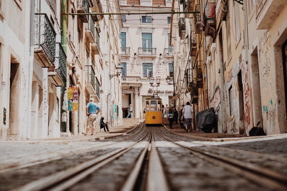 train between buildings