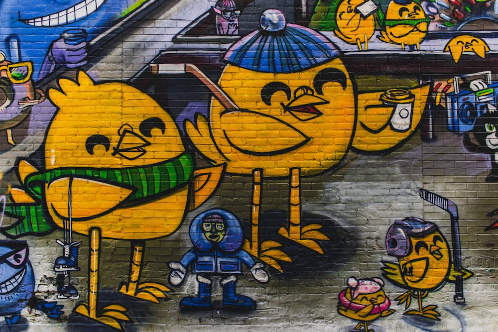 bird characters mural