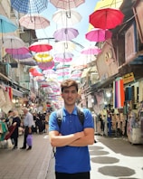 A casual sling bag worn by a traveler exploring a vibrant market street.