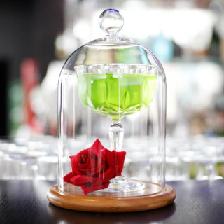 An elegant arrangement of verdora's handcrafted juices in glass bottles surrounded by fresh hibiscus flowers and green leaves.