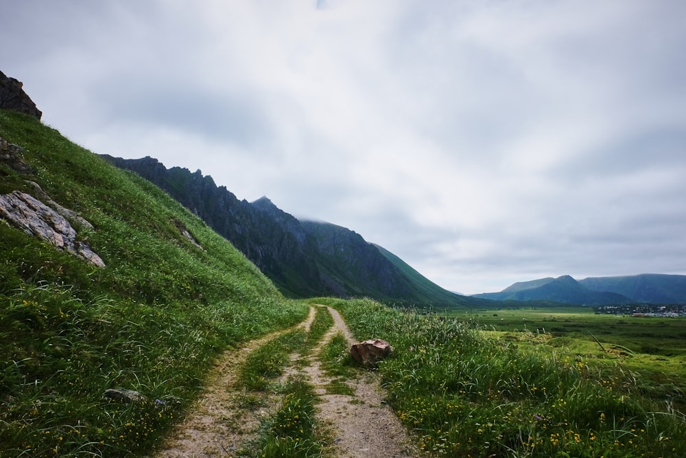 road near green field showing mountain