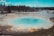 A vibrant geothermal hot spring with a striking turquoise center and surrounded by multicolored mineral deposits. Tall trees and a clear blue sky enhance the natural scenery, while steam rises from the spring, creating a mystical atmosphere. Visitors can be seen at a distance, observing the spectacle from a pathway.