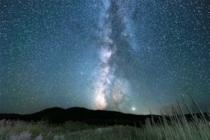 starry sky over mountains and grass