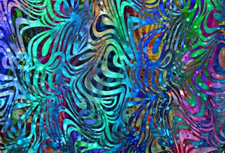 A vibrant abstract pattern with swirling lines and shapes in various colors, including shades of blue, green, purple, and pink. The design has an organic, flowing appearance with a psychedelic feel.