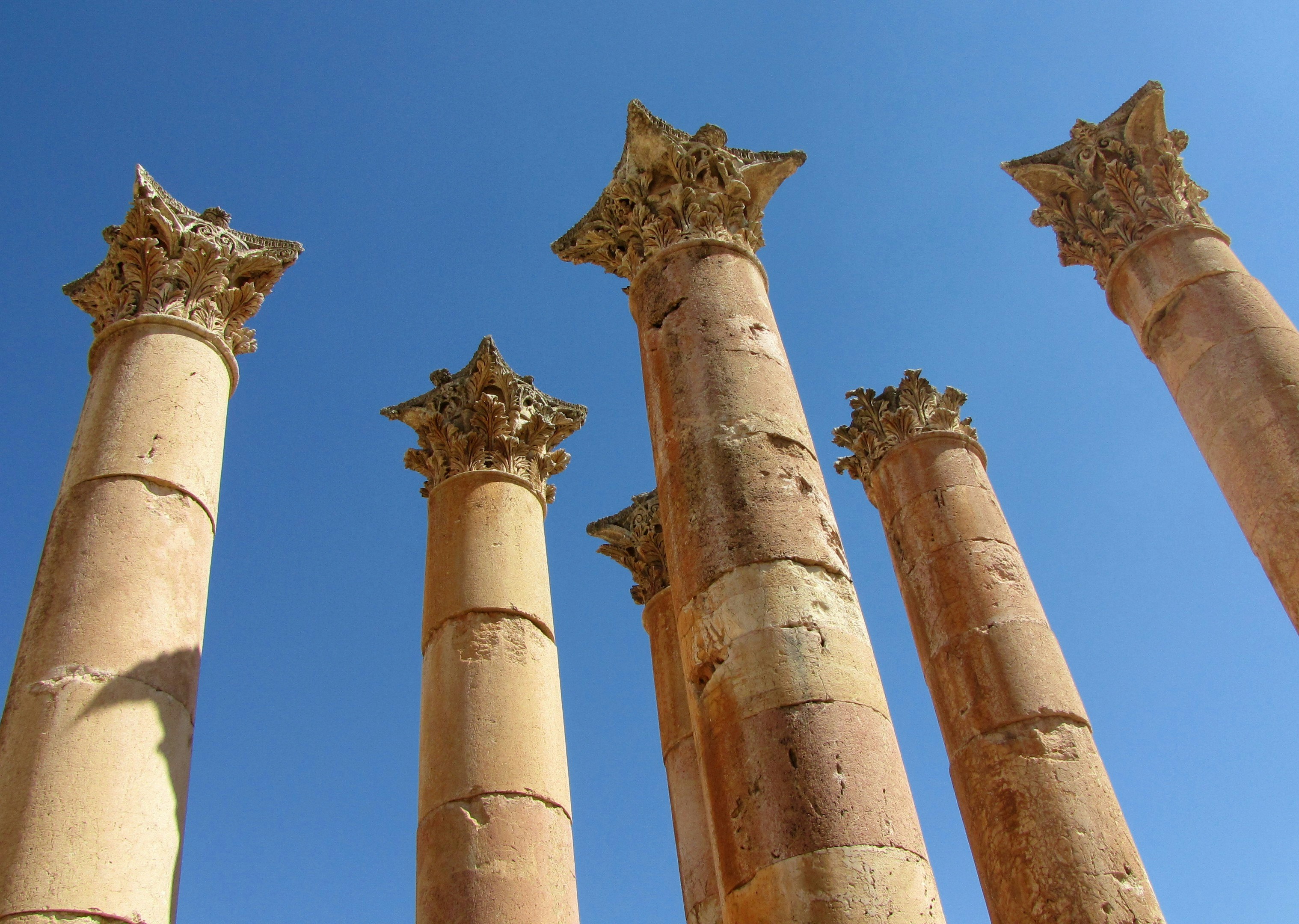 Part of ancient ruins in Jordan. The sky is a gorgeous hue of blue in certain parts of Jordan.