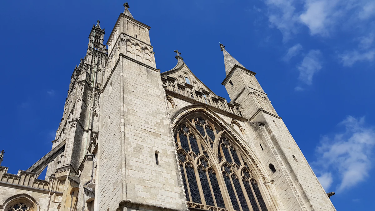 Gloucester Cathedral against a clear blue sky