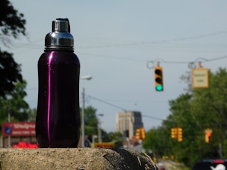 A dark purple metallic water bottle with a silver cap sits on a concrete surface. In the background, a traffic light is visible showing green, and trees line the sides of a city street. Buildings can be seen in the distance under a clear sky.