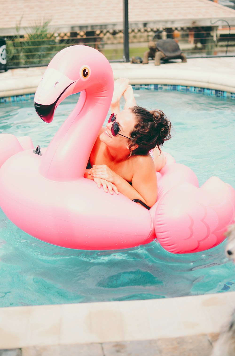 woman on pink inflatable flamingo on outdoor pool