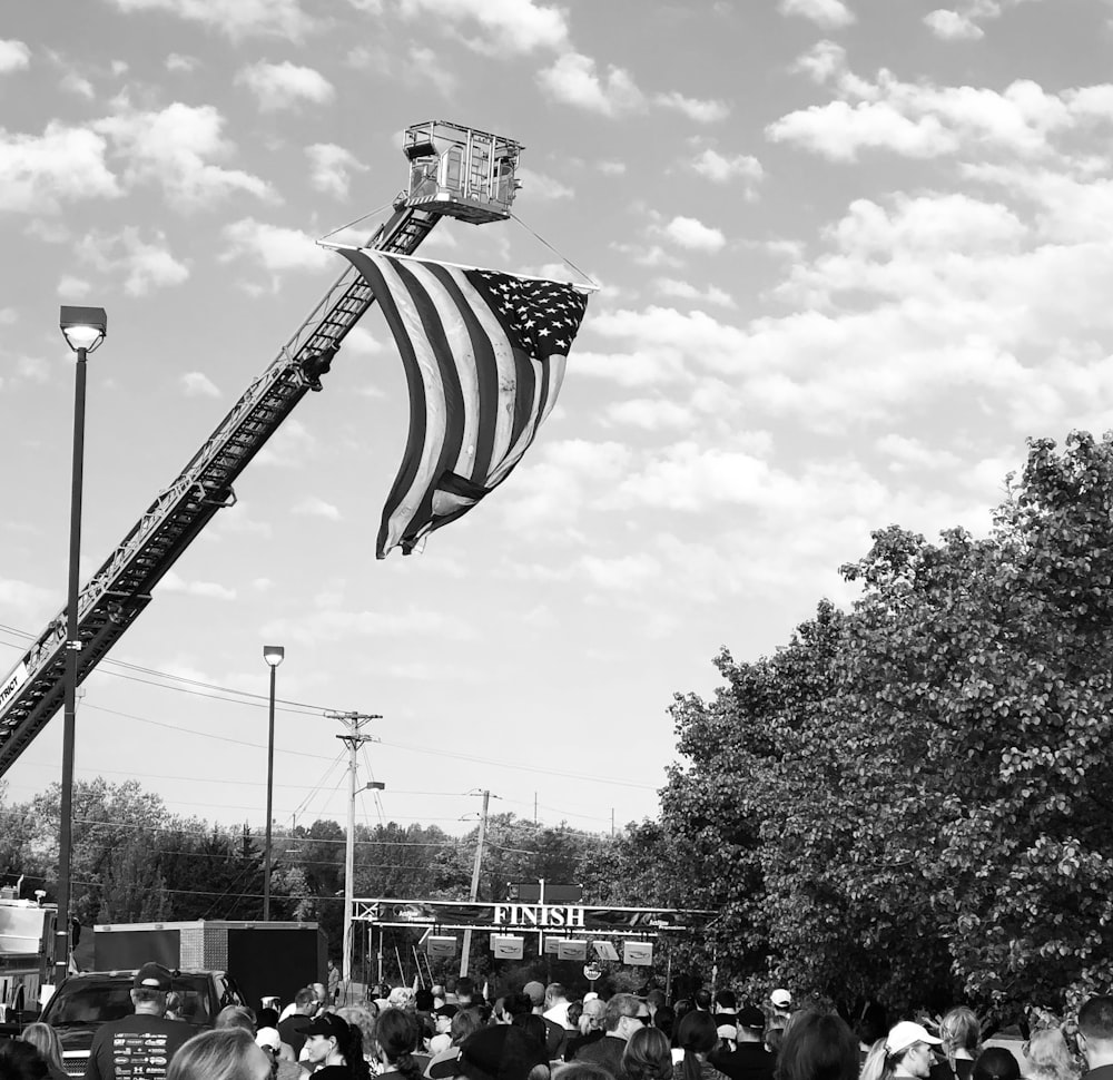 gray scale photo of USA flag