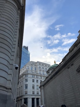 Wide shot of a city skyline with multiple security cameras visible on buildings.