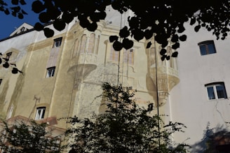 A building facade featuring a mural with architectural elements like windows and columns, creating an illusion of depth. The mural is weathered, with some parts looking faded. The scene is partially obscured by the silhouette of leaves from a nearby tree.