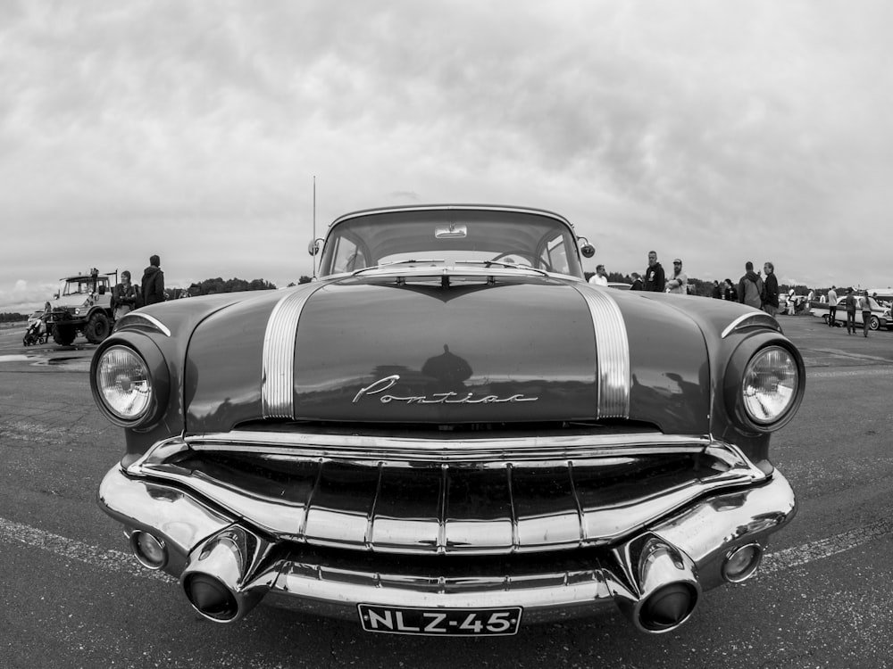 grayscale photo of classic car