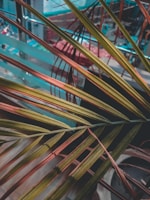 Interwoven palm leaves create a pattern of overlapping lines with shades of green and brown. The background includes a blurred urban scene with vertical and horizontal structures.