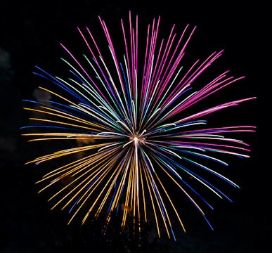 Close-up of a multi-colored firework burst with sparks cascading in slow motion against a dark sky.