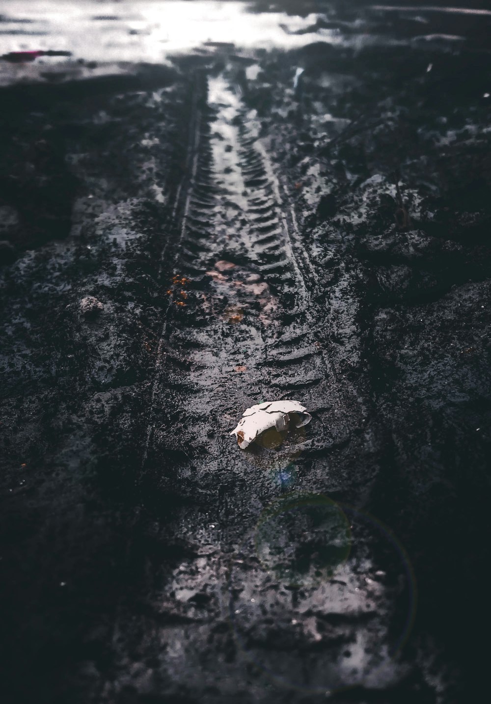 a tire track with a piece of paper on it