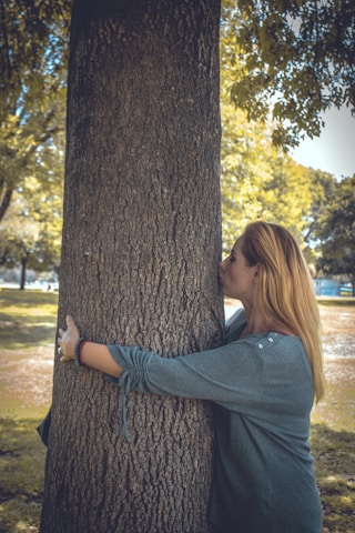A person with long hair and a blue sweater embraces a large tree trunk in a park setting. The background features blurred trees and grass, creating a serene and natural environment.