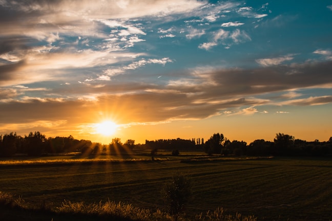 Sunset over the fields in Ramnagara.