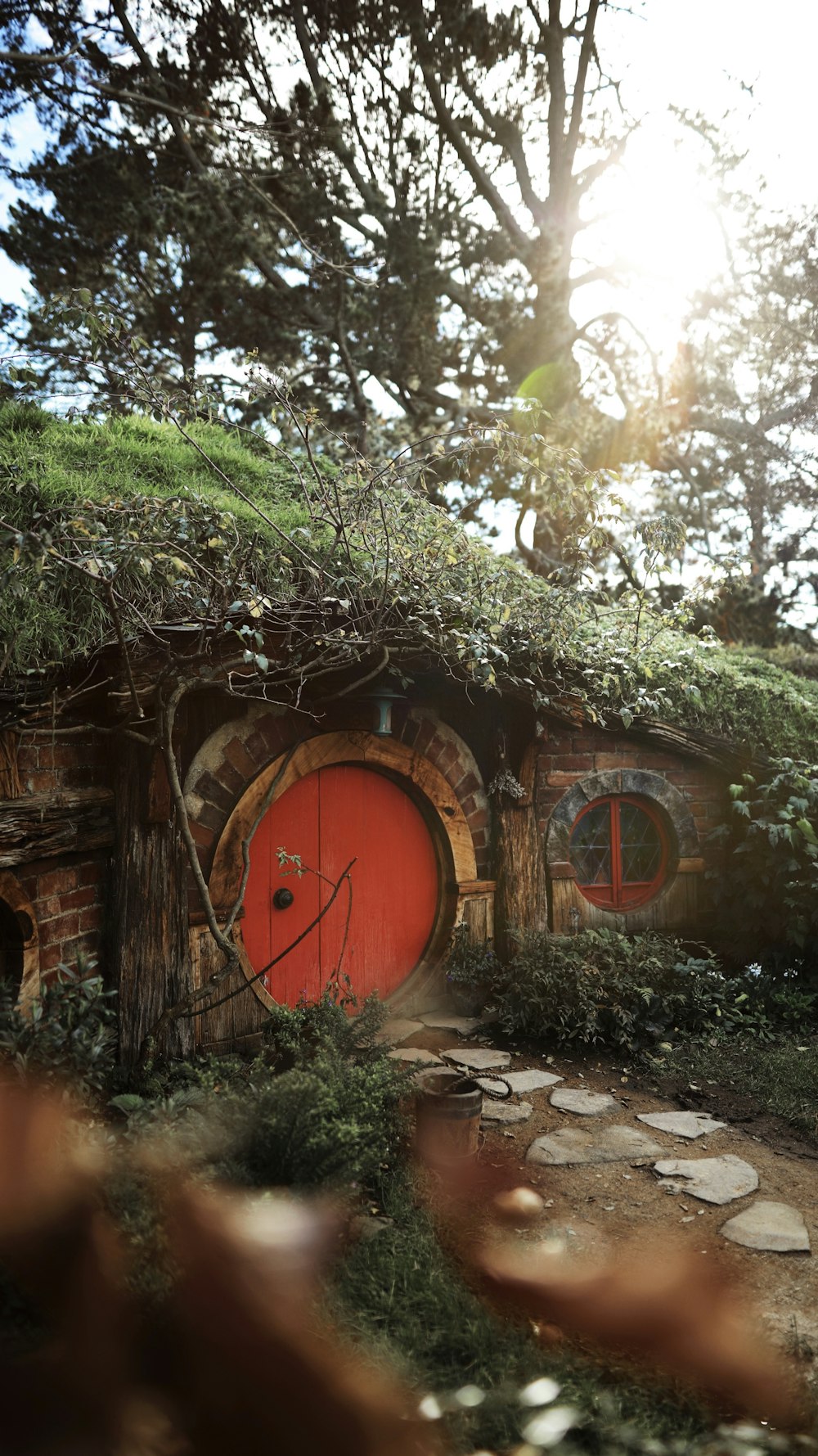 Porte fermée en bois rouge