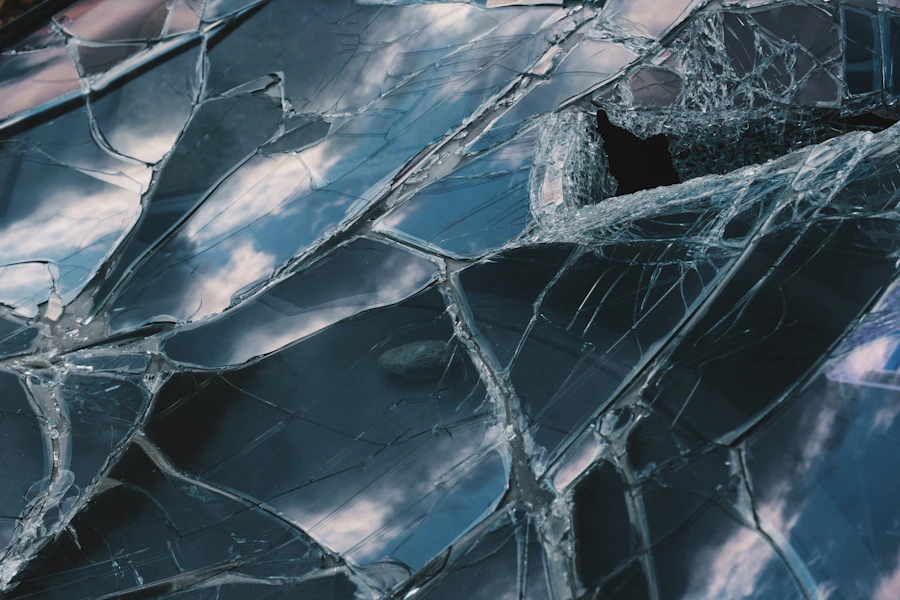 Close-up of a broken car window from a break-in