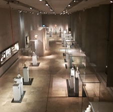 A long corridor in a museum featuring sculptures and artifacts displayed in glass cases. The room is dimly lit with spotlights highlighting each exhibit. The walls and floor have a neutral, stone-like texture, creating a calm and contemplative atmosphere.