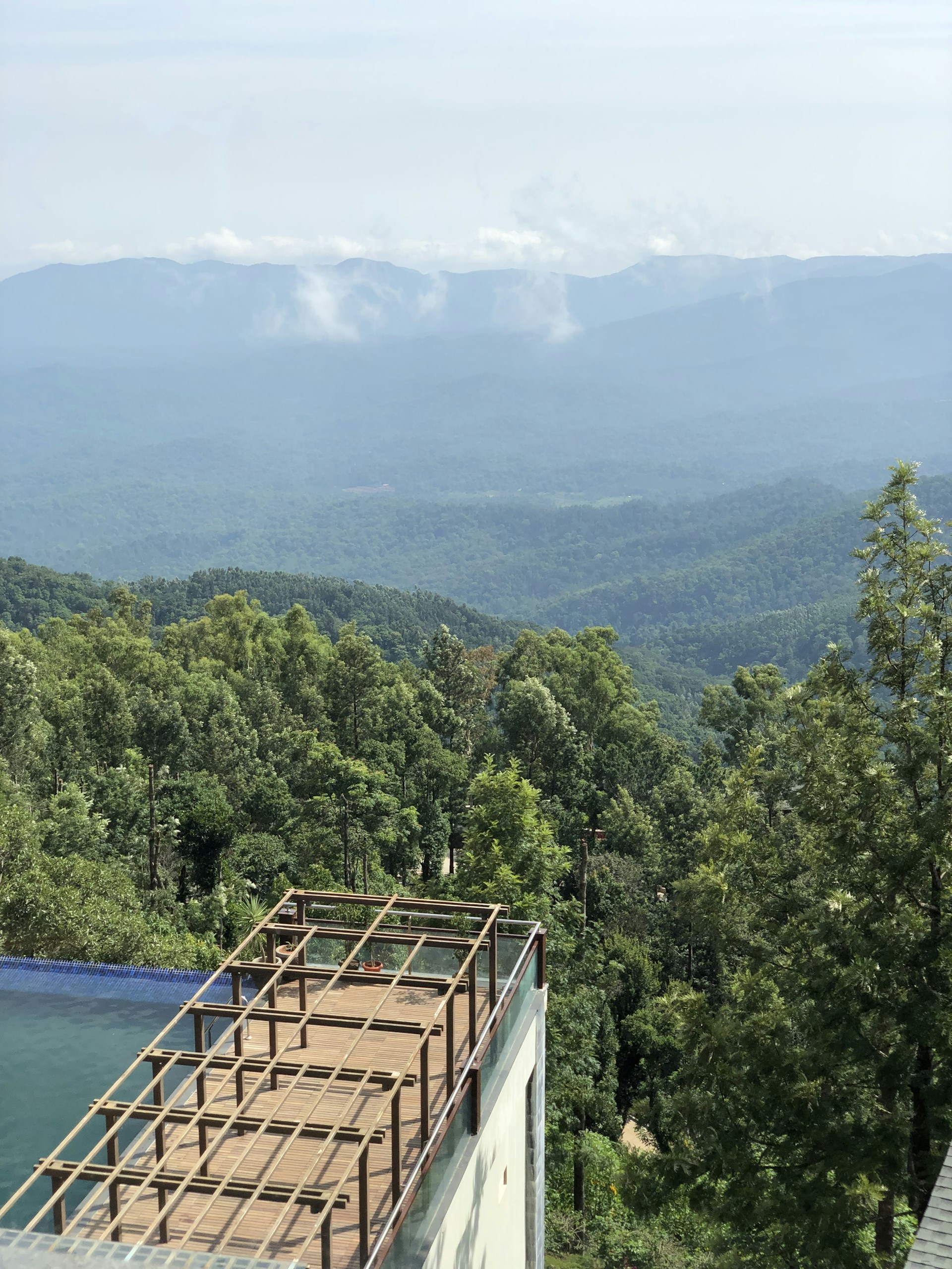 A stylish multi-level deck with glass railings overlooking a lush backyard garden, showcasing clean lines and craftsmanship.