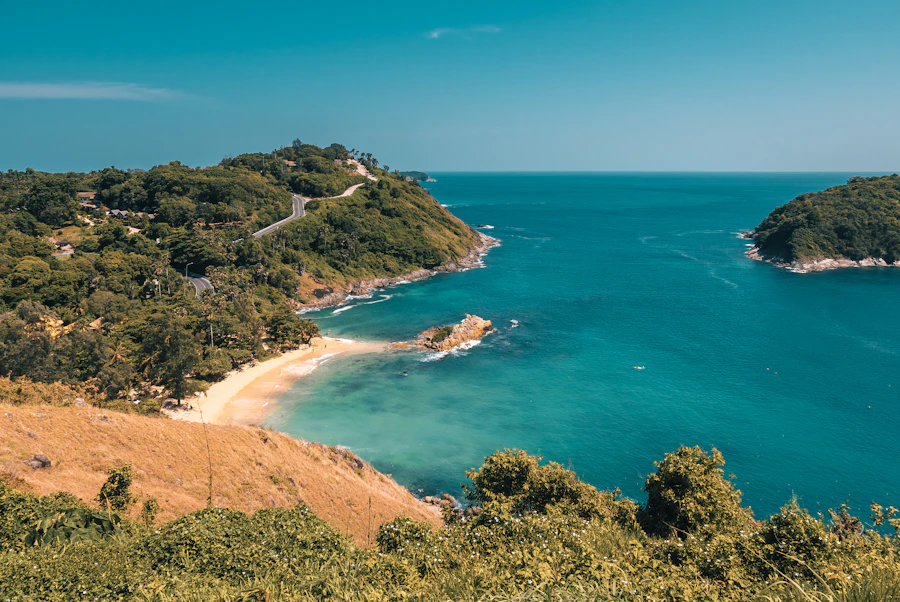 A green headland and sheltered bay seen from above