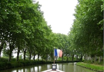 A serene canal lined with lush green trees, with a small boat displaying a French flag in the foreground. The trees form a canopy on either side, reflecting on the calm water of the canal.