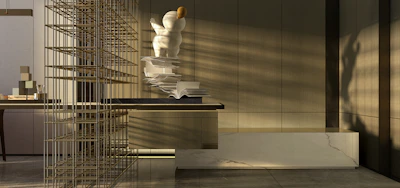 Modern home decor pieces arranged tastefully in a bright, minimalist room