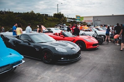 A gathering of sports cars, including a prominent black and red Corvette, with several people standing around. The scene is set in an outdoor parking lot with greenery and a building in the background. Various models of cars are lined up, and the sky is overcast.