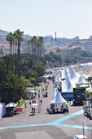 The market path lined with neutral-toned tents, winding under tall palm trees on a bright morning.