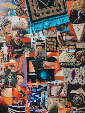A vibrant collage features a mix of retro and eclectic elements, including vintage posters, illustrations, and various cutouts. There are images of planets, a tapestry with fringe, a white cat, and a dangling toy skeleton. Other items include heart-shaped objects, comic-style art, and old advertisements.
