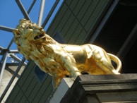A golden lion statue stands prominently against a backdrop of a modern architectural structure with metal beams and green panels. The lion's mane is detailed and the statue is positioned on a stone pedestal.