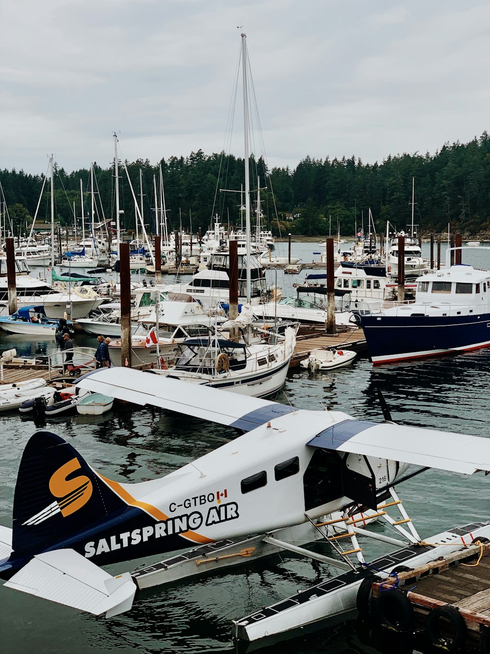 Flugzeug und Boote am Dock