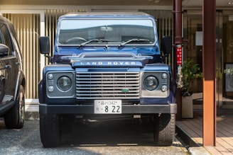 A blue Land Rover vehicle is parked in a driveway or parking space, surrounded by other cars and urban elements. The front view emphasizes its distinct grille and headlights. A plant and metal post are visible on the right side.